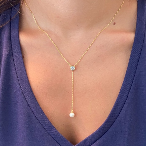Sale $36 Firm! 14K Gold Plated Necklace with CZ & Faux Pearl - Picture 2 of 12